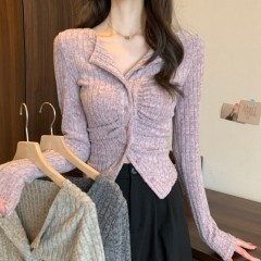 Pleated pure lust style irregular lapel long-sleeved sweater for women autumn inner waist slimming bottoming short top
