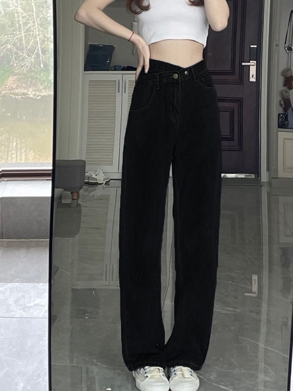 Black high-waisted wide-leg jeans for small women, loose spring and summer new style drapey straight-leg floor-length pants, thin