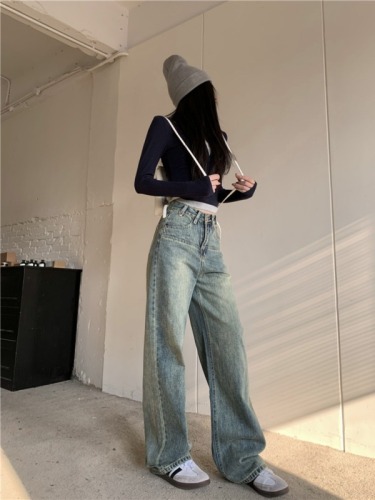 Real shot!  American retro straight jeans for hot girls, new style loose and versatile floor mopping pants