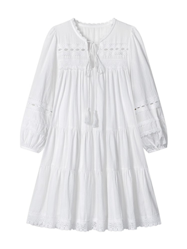 French white puff sleeve shirt dress for women 2024 new spring and summer long-sleeved Yunnan travel wear