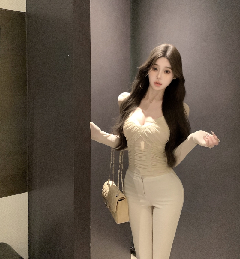 Real shot pure desire netting pleated long-sleeved shirt with built-in breast pad slimming slimming innerwear 