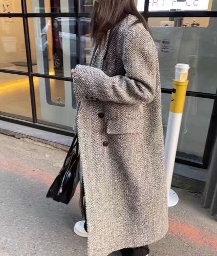 High-grade cashmere woolen coat for women 2024 winter new style Korean style fashionable variegated tweed long style