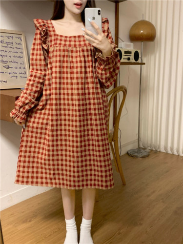 Korean style cotton plaid ins loose casual outer wear autumn and winter long-sleeved home wear suit dress