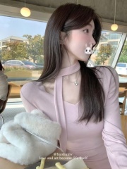 V-neck long-sleeved T-shirt women's Korean design waist slimming early autumn chic top