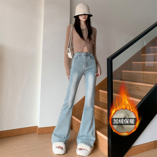 Spring and autumn velvet high-quality fashionable boot-cut trousers for slimming and slimming, washed blue mid-high waist jeans