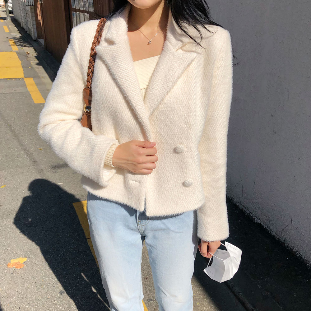 chic Korean winter French simple retro double-breasted short versatile woolen jacket blazer