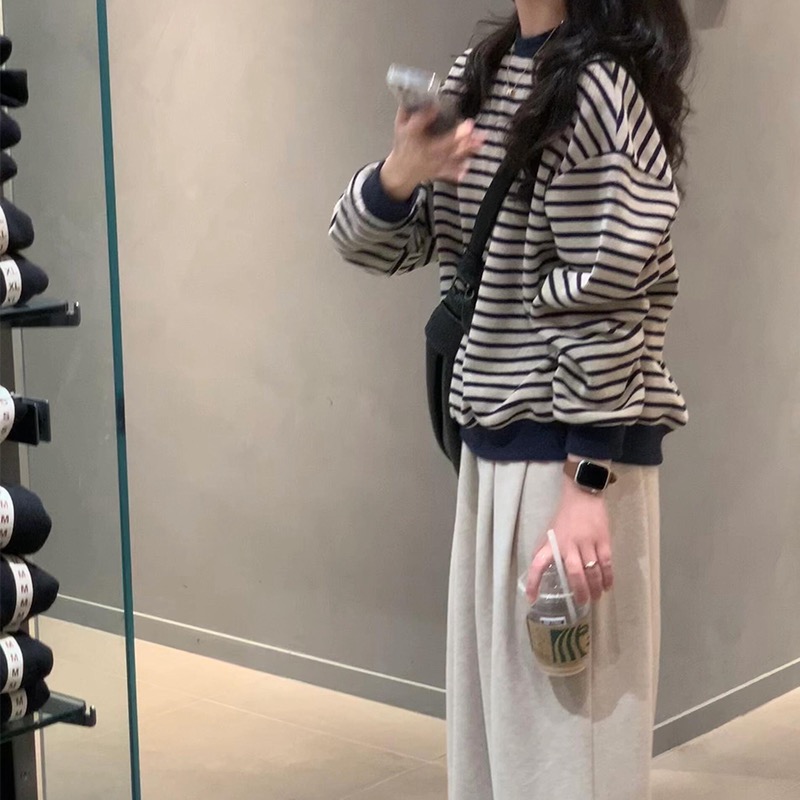 American oversize striped round neck sweatshirt new loose unique top