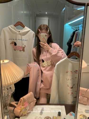 Designed printed hooded sweatshirt for women, round neck, Korean style, lazy style