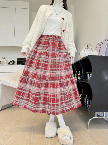 Plaid skirt women's spring, autumn and winter 2024 new high-waisted a-line slimming medium-length cake skirt woolen skirt