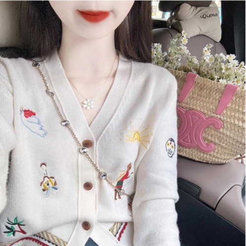 Heavy Industry Little Fragrance Retro Embroidered V-Neck Long Sleeve Cardigan Coat for Women Autumn and Winter Loose Knit Top