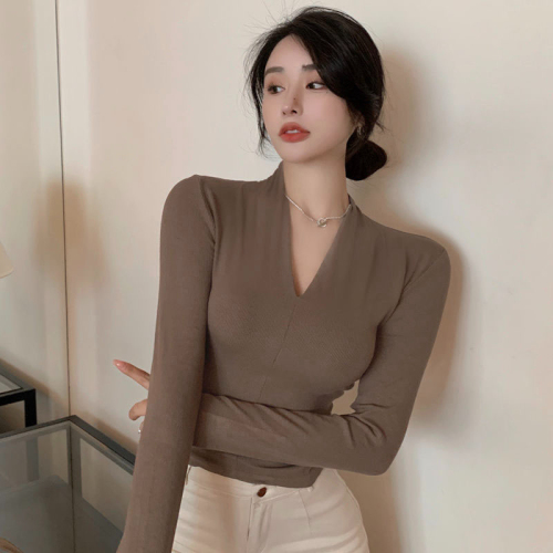 High elastic Hong Kong style chic fashion v-neck long-sleeved T-shirt slimming internet celebrity spring and autumn top ins for women