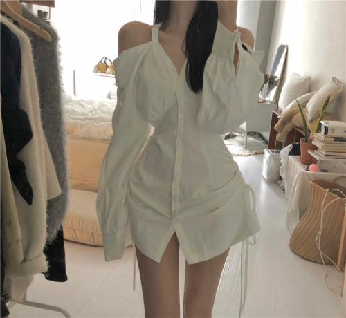 New design off-shoulder drawstring waist niche halter neck shirt dress