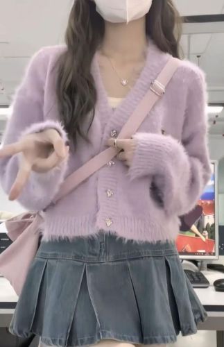 Spring and autumn milk fufu furry gentle casual all-match cardigan sweater for women autumn and winter short loose soft waxy sweater