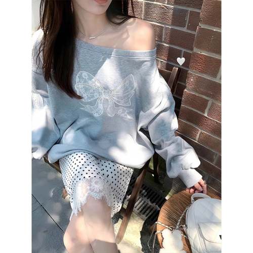 Korean version of foreign trade Chinese cotton composite white water for women butterfly girl gray sweatshirt for women with loose lace