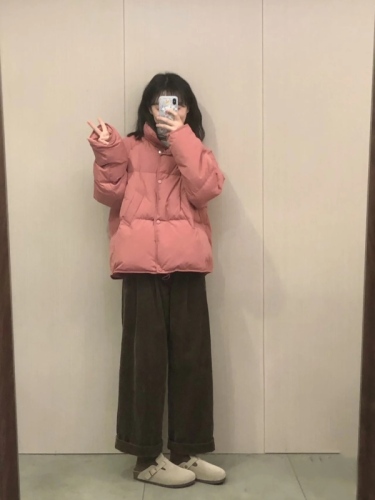 冬上新！立领羽绒棉服韩版简约面包服外套棕色阔腿裤两件套装女