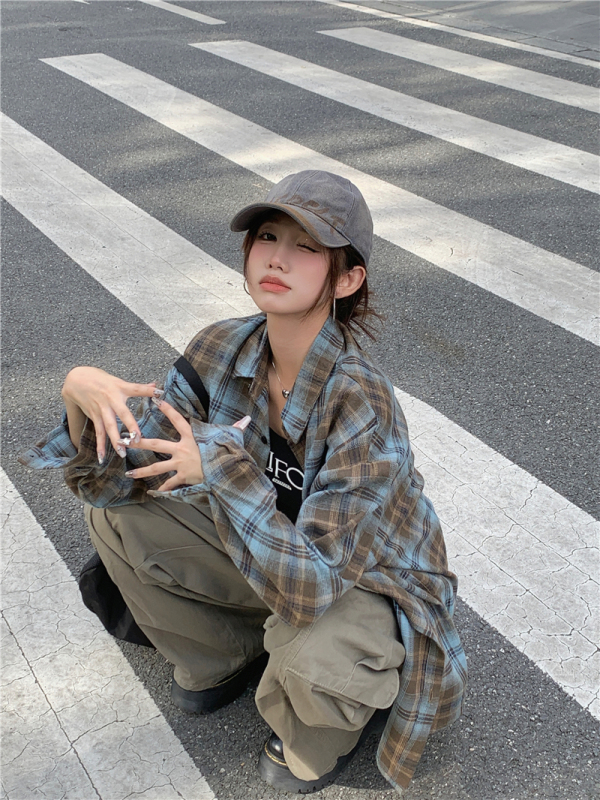 American retro plaid long-sleeved shirt for women summer and autumn lazy street shirt couple thin coat