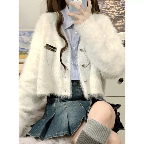 Spring and autumn milk fufu furry gentle casual all-match cardigan sweater for women autumn and winter short loose soft waxy sweater