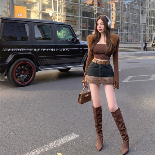 Real shot!  Women's furry hem short skirt autumn and winter high waist hip-covering denim skirt pants with belt