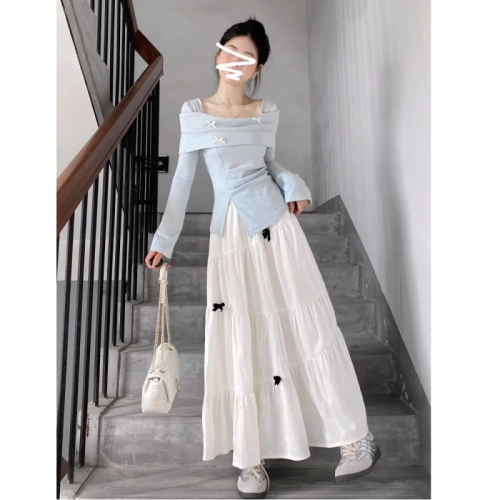 Early Autumn French Blue Long-Sleeve Bow Tie T-Shirt Women's New Petite Frame Elegant Youthful Half Body Skirt Set