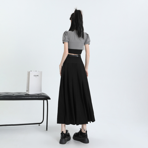 Black pleated suit skirt for women autumn new high-waist drape two-wear mid-length a-line umbrella skirt