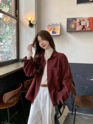 Real shot!  Korean style long-sleeved inner doll collar shirt, versatile casual loose corduroy top for autumn and winter