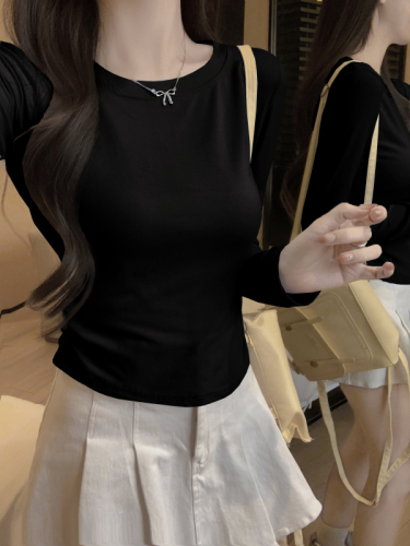 Autumn right shoulder T-shirt top slim pleated hot girl long-sleeved bottoming shirt