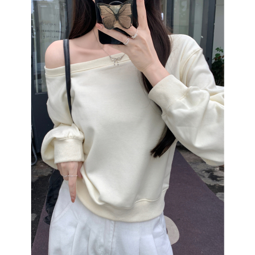 Real shot Chinese cotton composite discreet dating side off-shoulder loose sweatshirt for women solid color