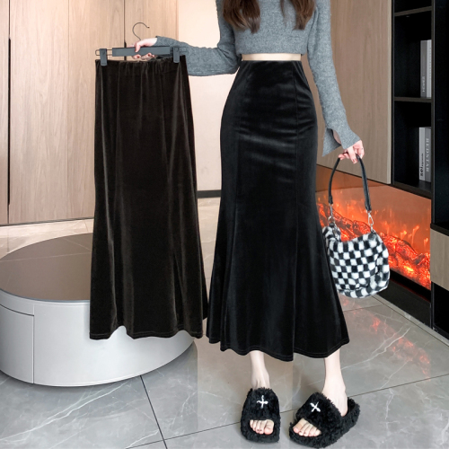 Simple niche high-waist one-step skirt Solid color suede warm hip-covering fishtail skirt