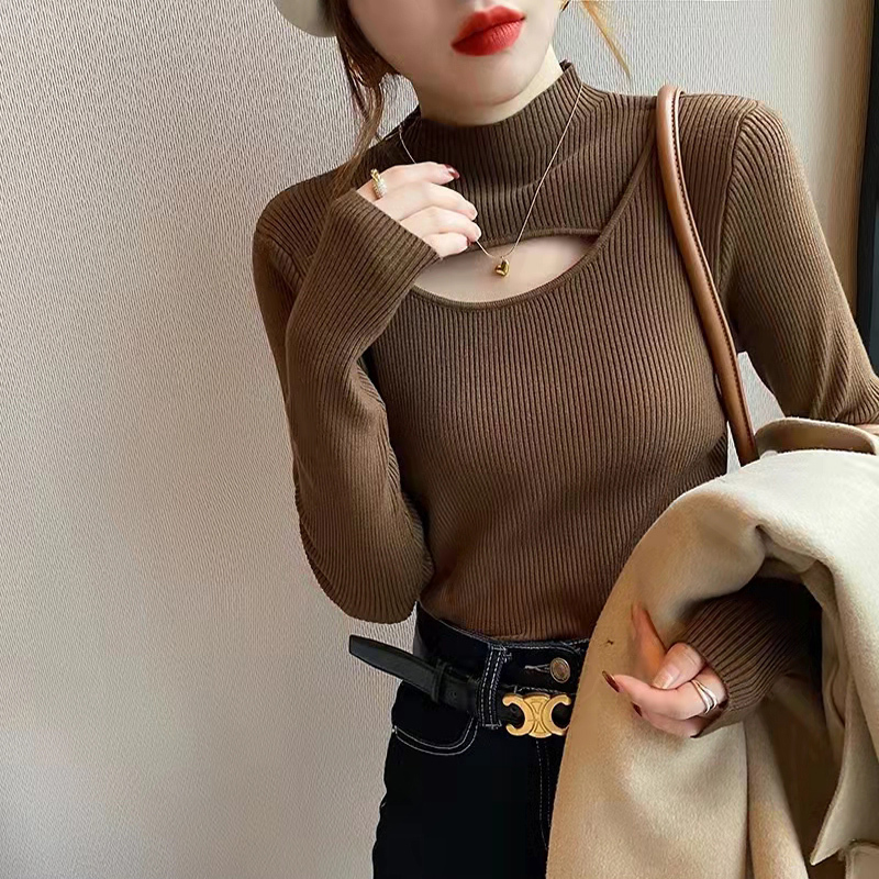 Half turtleneck sweater for women, new style, slim-fitting top, thin bottoming sweater with western style