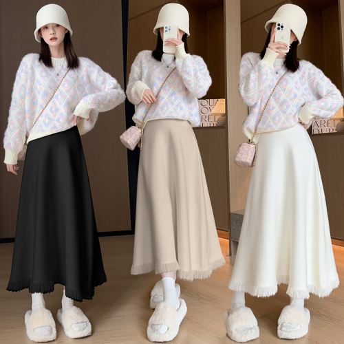 Winter new style simple high waist knee-high tassel mid-length knitted skirt for women ruffled skirt