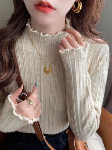 White bottoming shirt for women in autumn and winter, 2024 new style half turtleneck earring knitted sweater, mid-collar long-sleeved sweater