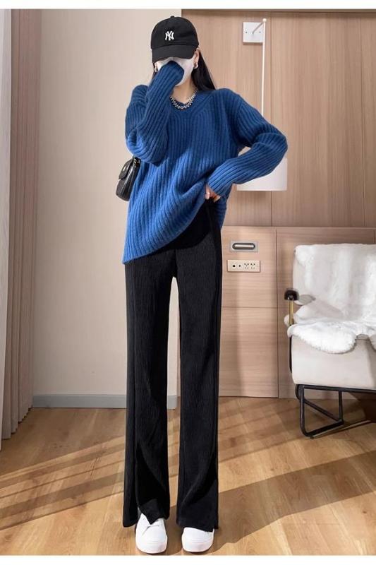 2024 new chenille narrow wide-leg pants for women autumn and winter plus velvet straight pants for small people with slits and slightly flared pants