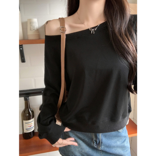 Real shot Chinese cotton composite discreet dating side off-shoulder loose sweatshirt for women solid color