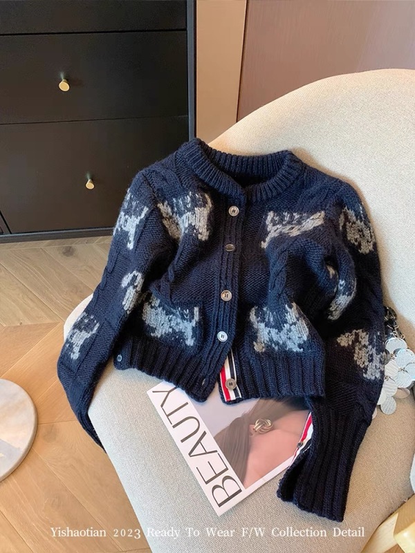 Navy blue college style puppy print knitted cardigan for women in autumn and winter new soft and waxy versatile slimming top