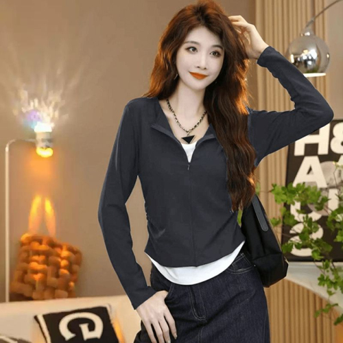 Autumn new fashion splicing contrasting color long-sleeved T-shirt women's fake two-piece zipper design slim slimming bottoming top