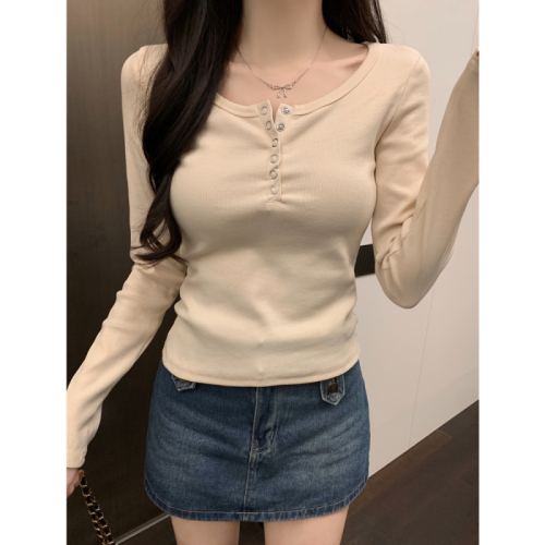 Real shot 40 count pure cotton autumn and winter long-sleeved T-shirt women's slim bottoming shirt solid color buttoned top