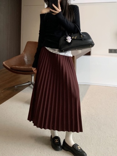 Actual shot~thick woolen material elastic waist pleated skirt skirt mid-length skirt