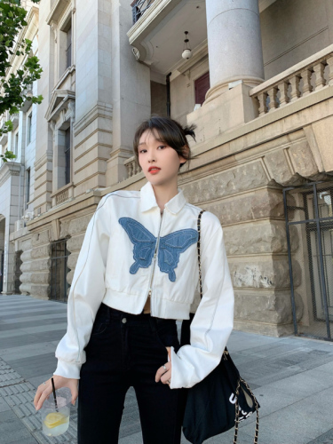 Early autumn niche butterfly embroidered reflective strip short jacket slim American hot girl niche right shoulder slim jacket