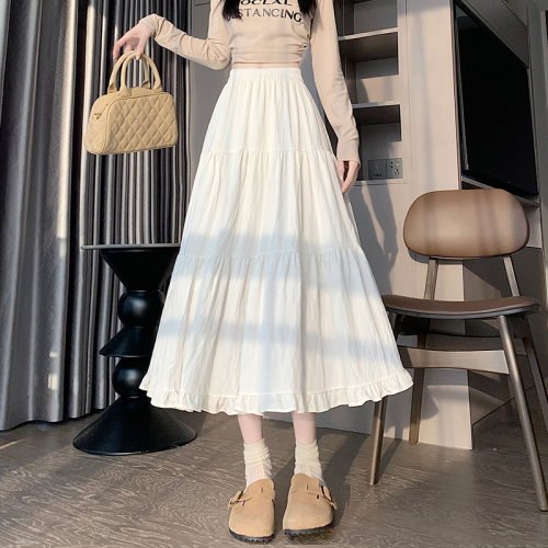 New high-waisted slim white skirt long skirt mid-length a-line ruffle cake skirt