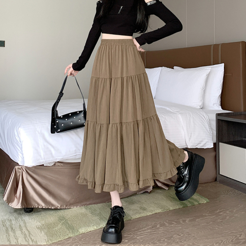 New high-waisted slim white skirt long skirt mid-length a-line ruffle cake skirt