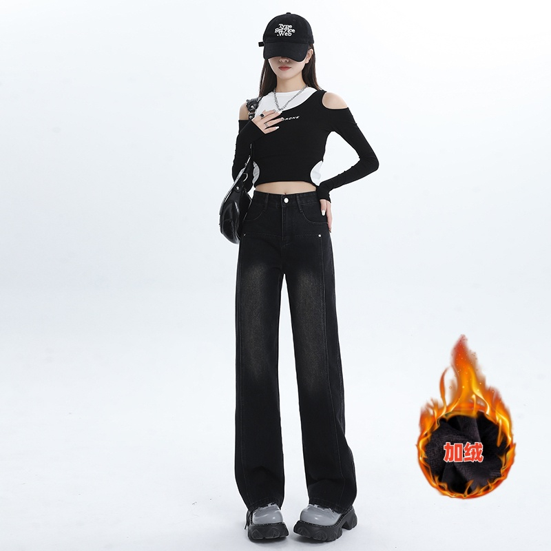 Black Fleece Wide-Leg Denim Jeans for Women, 2024 Autumn/Winter Straight Leg Slimming High-Waist Splicing Design with Drape