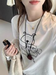 Pure cotton personalized printed long-sleeved T-shirt for women, white contrasting color, simple inner layer, high-end bottoming top