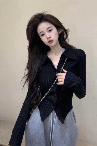 Real shot ~ hot girl V-neck design long-sleeved polo neck sweater women's brushed slim fit top