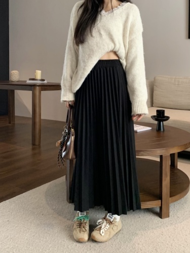 Actual shot~thick woolen material elastic waist pleated skirt skirt mid-length skirt