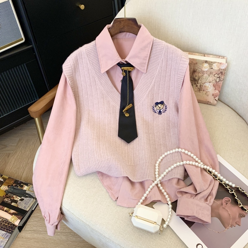 College Style Waistcoat Knitted Vest Women's New Layered + Long-Sleeved Lapel Shirt and Tie Two-piece Suit