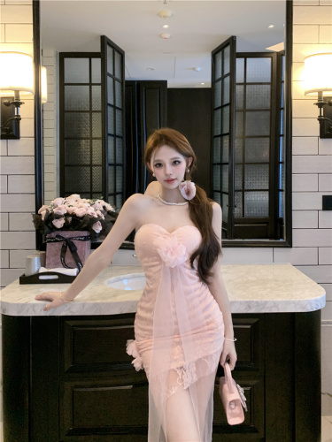 Actual shot~Pink Rose Rich Girl’s Sexy and Western Style Slim-fitting Waist Strap Dress