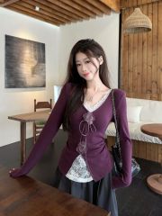 Lace stitching V-neck top rose flower lace-up slim waist shirt bottoming shirt