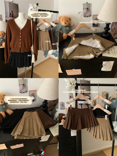 Real shot of winter corduroy high-waisted skirt for women, hot girl short skirt, slimming pleated skirt with lining