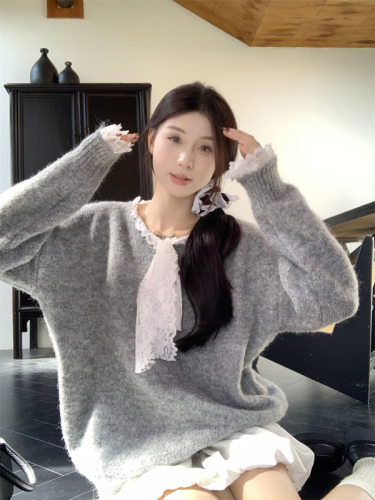 Actual shot of 2024 autumn new temperament fashionable lace splicing tie-neck sweater top loose sweater