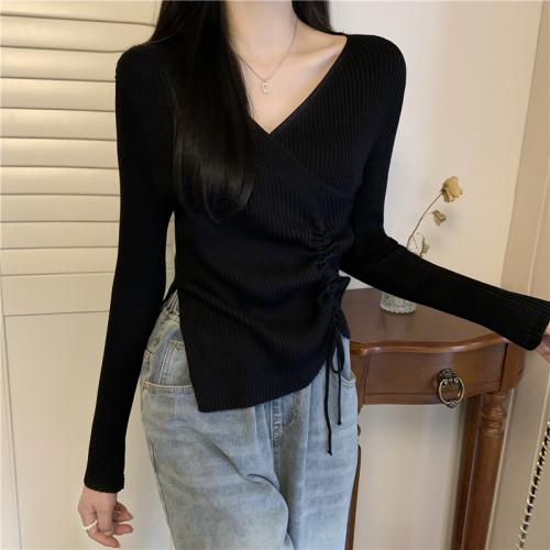 Real price V-neck cross side drawstring long-sleeved versatile knitted T-shirt top for women